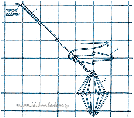 Вышивание листика, расположенного по столбикам двух клеток (начало работы)