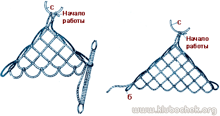 Плетение нового ряда квадратной сетки с маленькой (прибавочной) петли б