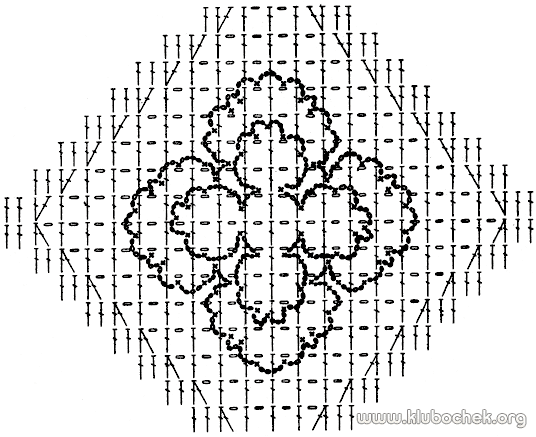 Черная шаль с фиолетовыми цветами. Схема мотива с цветком - www.klubochek.org